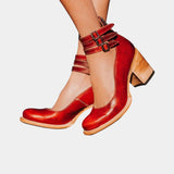 Red ankle-strap block heel shoes with double buckle, pointed toe