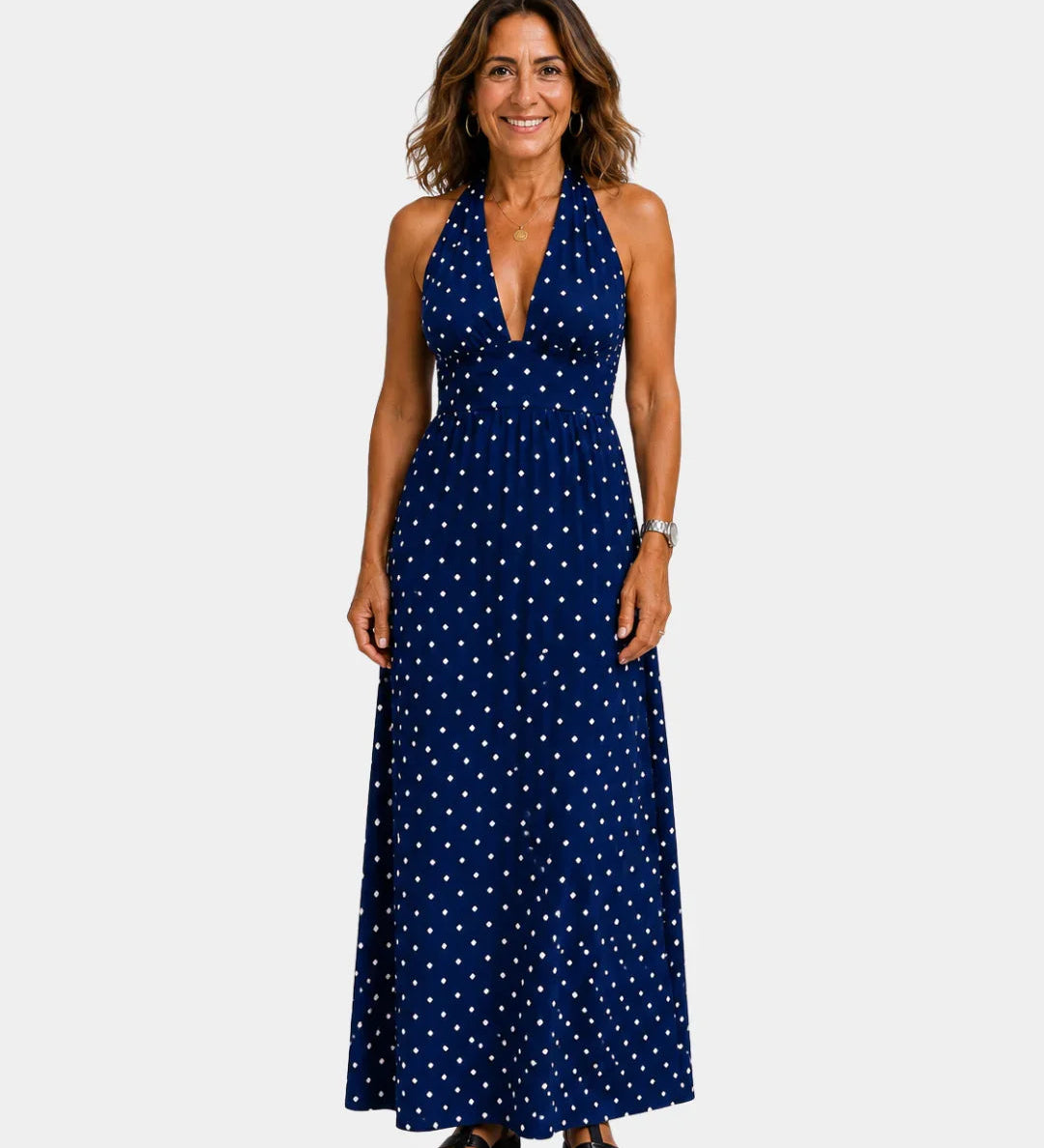 Navy polka-dot maxi dress with sleeveless V-neck
