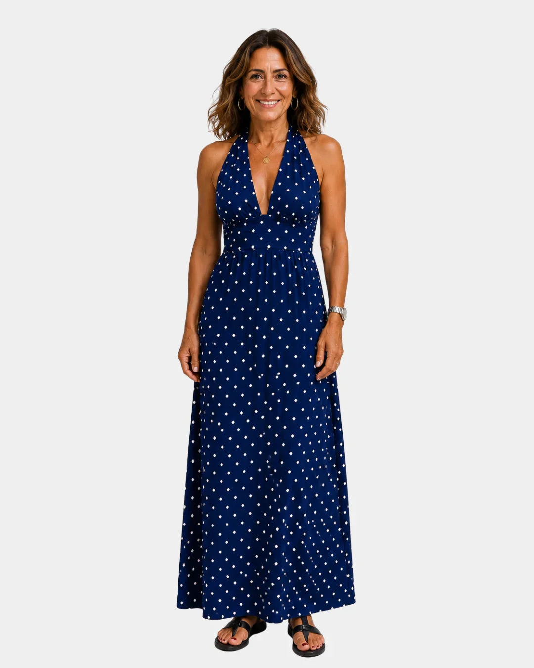 Navy polka-dot maxi dress with sleeveless V-neck