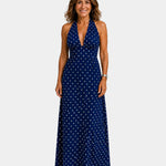 Navy polka-dot maxi dress with sleeveless V-neck