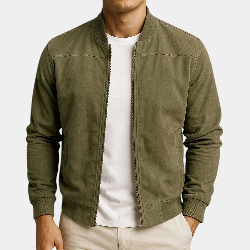 Suede bomber jacket in green with stand collar and zip front