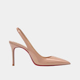 Shiny beige pointed-toe slingback heels with high stiletto heel and open back