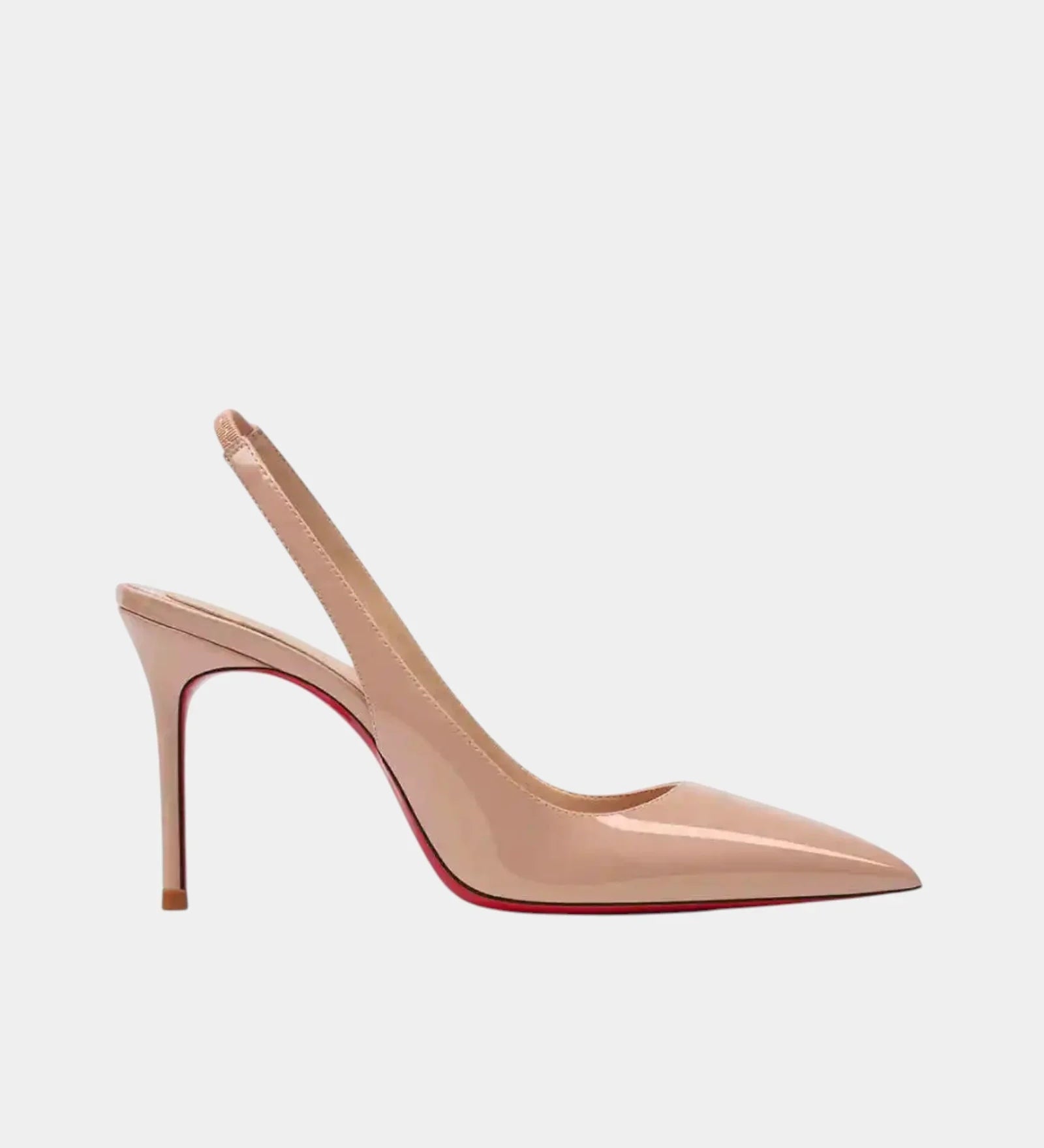 Shiny beige pointed-toe slingback heels with high stiletto heel and open back