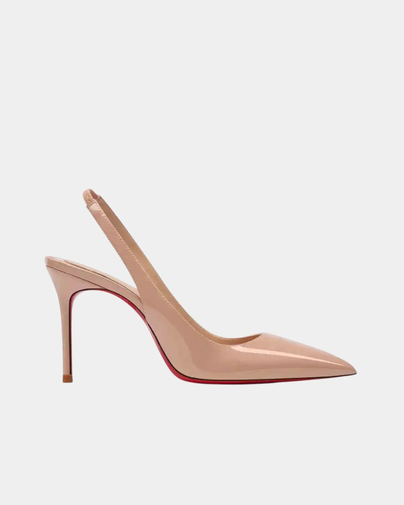 Shiny beige pointed-toe slingback heels with high stiletto heel and open back