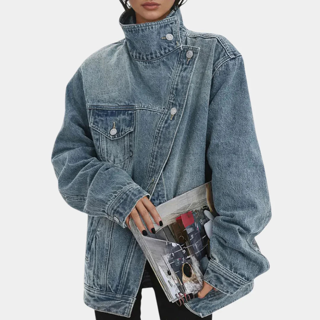 Vintage washed denim jacket with high stand collar and buttoned chest pockets