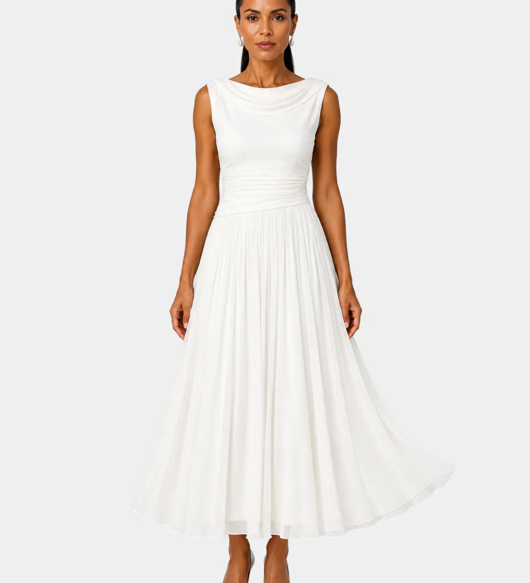 Odelinde sleeveless cowl-neck midi dress, white gathered waist pleated skirt