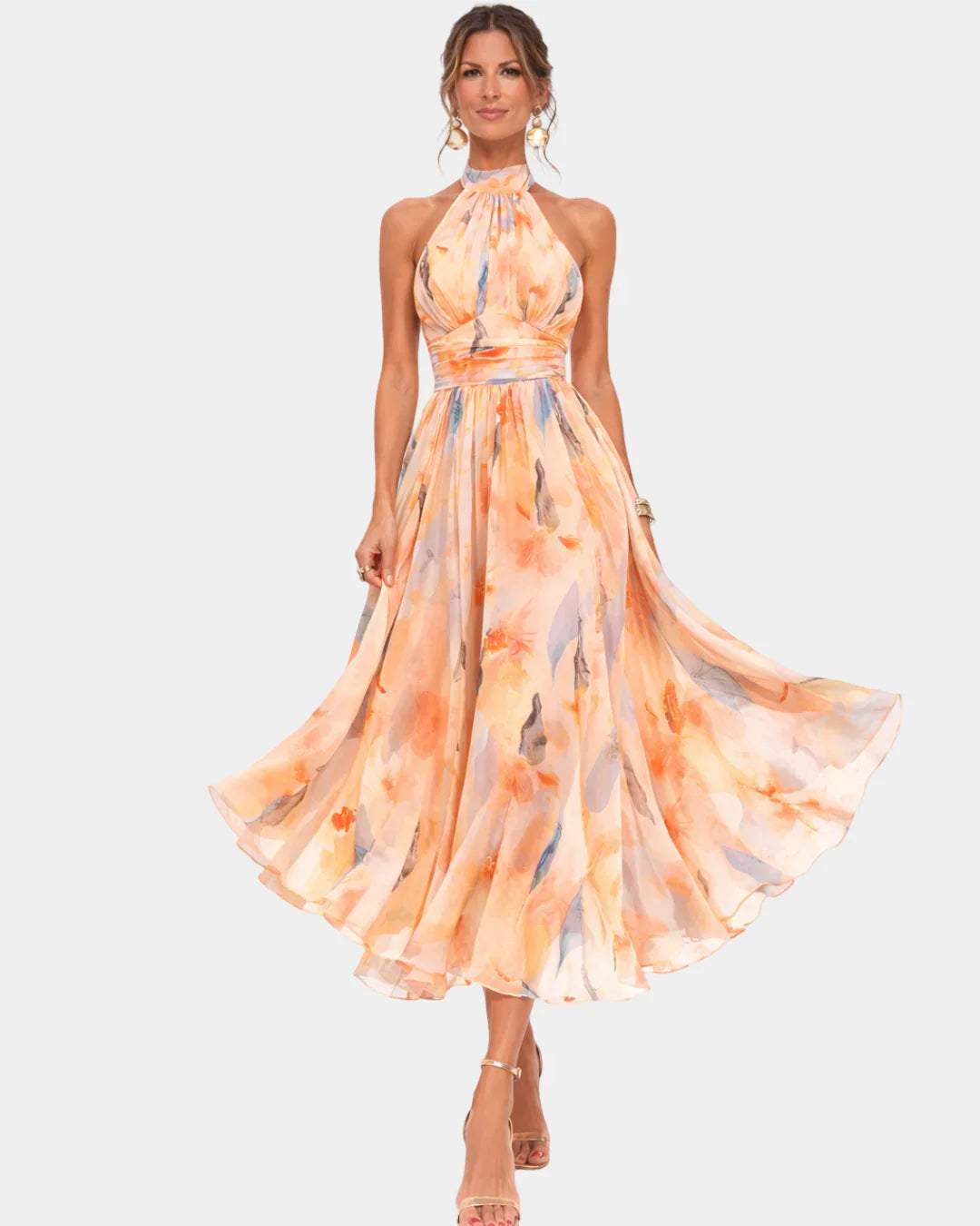Halter neck midi dress with watercolor print, peach orange and light blue, flowing flared skirt