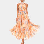 Halter neck midi dress with watercolor print, peach orange and light blue, flowing flared skirt