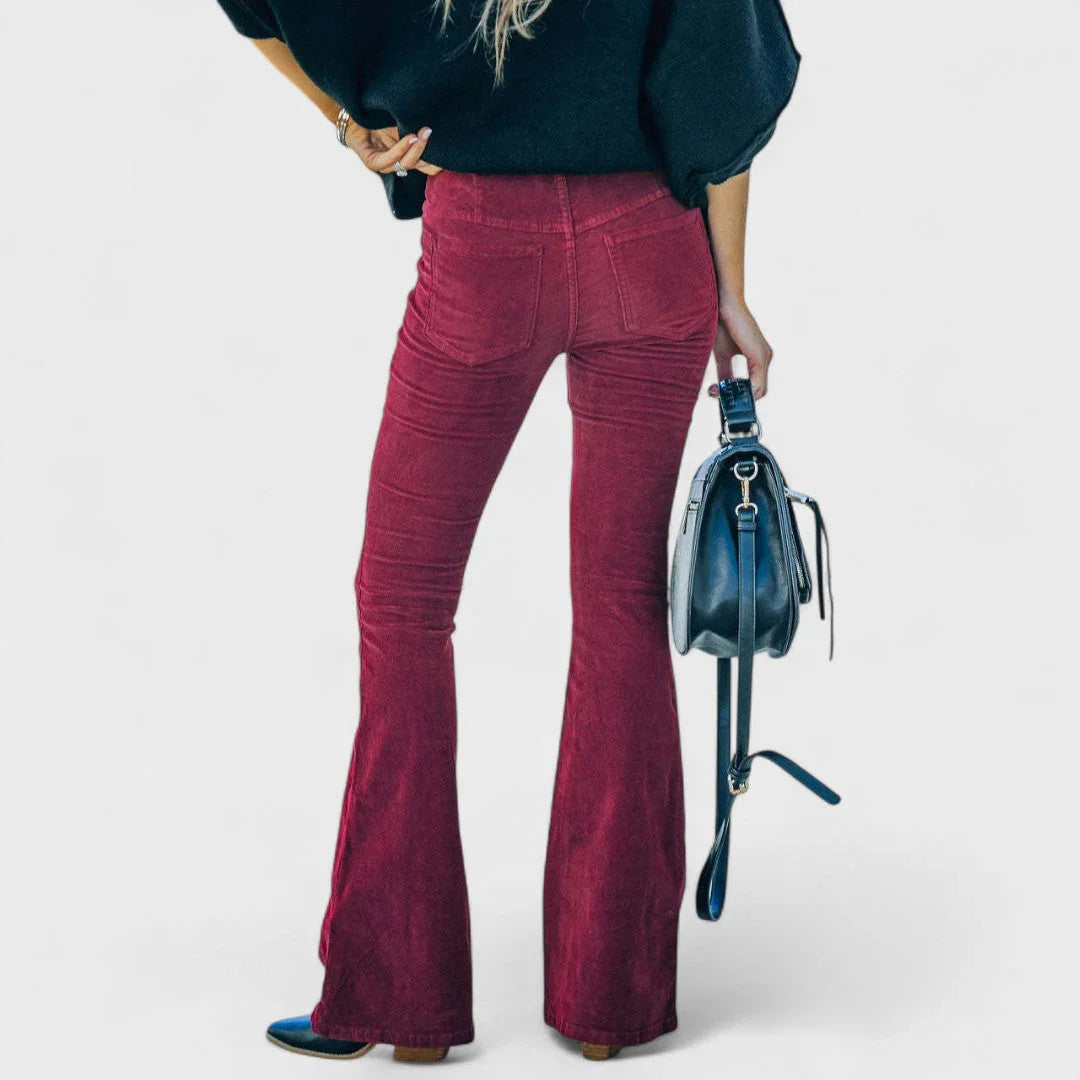 Burgundy corduroy flared pants, high waist, wide bell hem