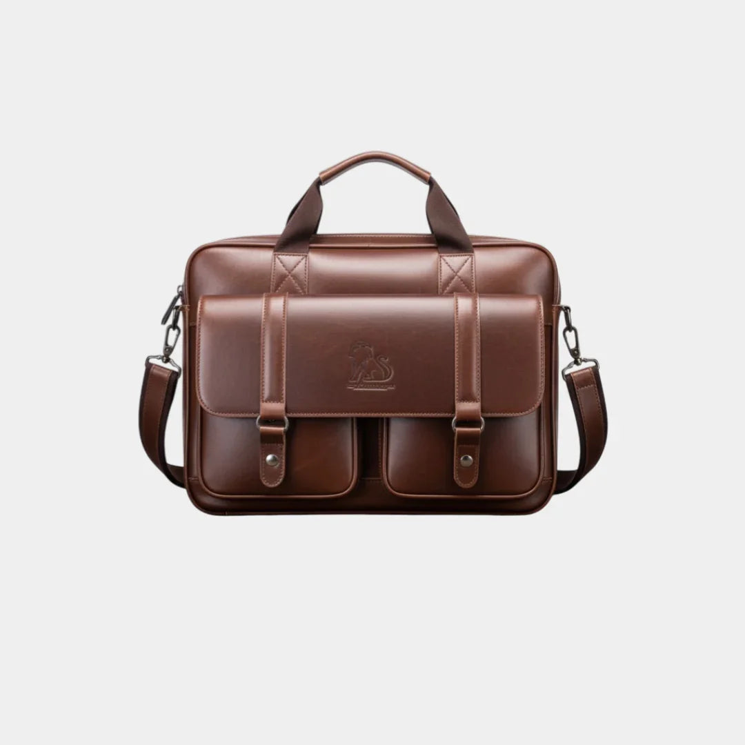 Caramel leather briefcase with top handle, shoulder strap, and front flap with pockets