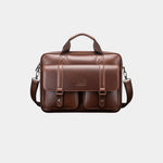 Caramel leather briefcase with top handle, shoulder strap, and front flap with pockets