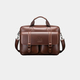 Caramel leather briefcase with top handle, shoulder strap, and front flap with pockets