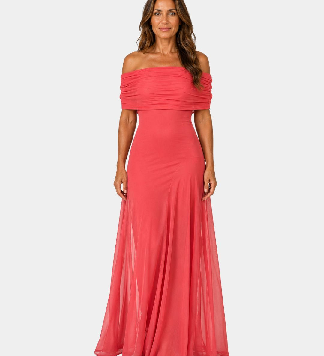 Red off-shoulder maxi dress with fitted bodice and flowing chiffon skirt