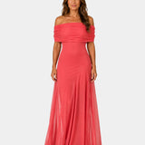 Red off-shoulder maxi dress with fitted bodice and flowing chiffon skirt