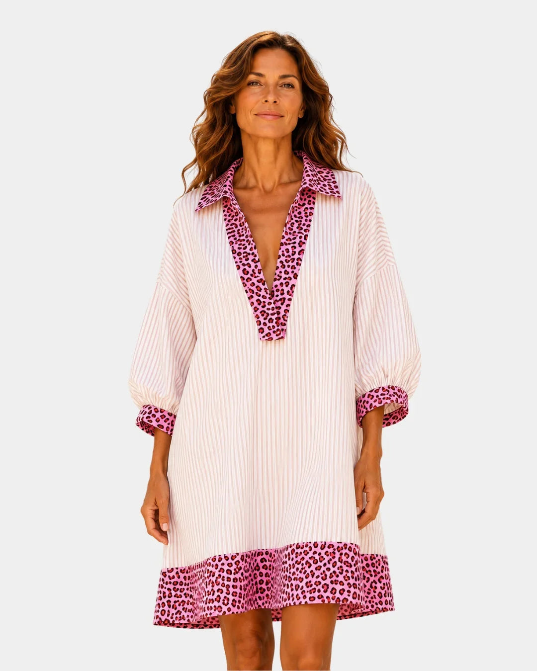 Leopard print V-neck striped dress in white with pink leopard collar and hem