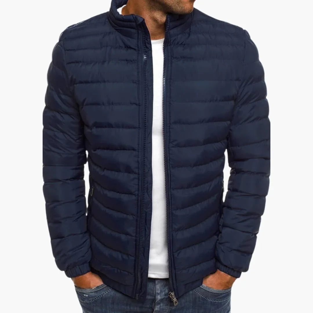 Navy blue puffer down jacket with full zip front and stand collar.
