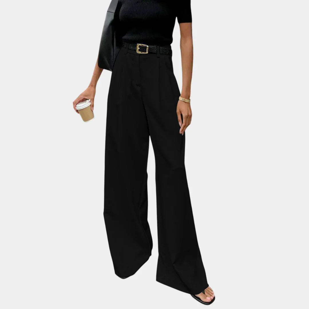 Black solid wide-leg pants with high waist, pleats, and belt loops