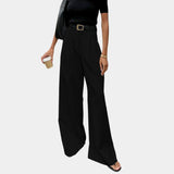 Black solid wide-leg pants with high waist, pleats, and belt loops
