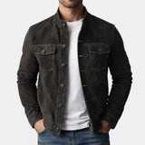 Black suede jacket with button front and two chest flap pockets