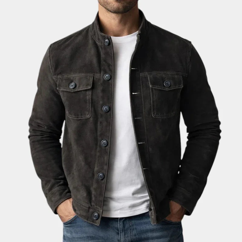 Black suede jacket with button front and two chest flap pockets