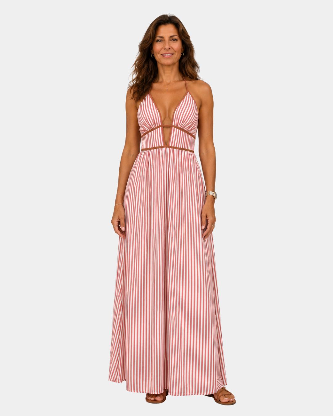 Pink and white striped long summer dress with halter keyhole cutout
