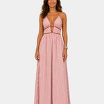 Pink and white striped long summer dress with halter keyhole cutout
