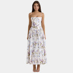 Floral maxi dress with sweetheart bodice, adjustable straps, gathered skirt