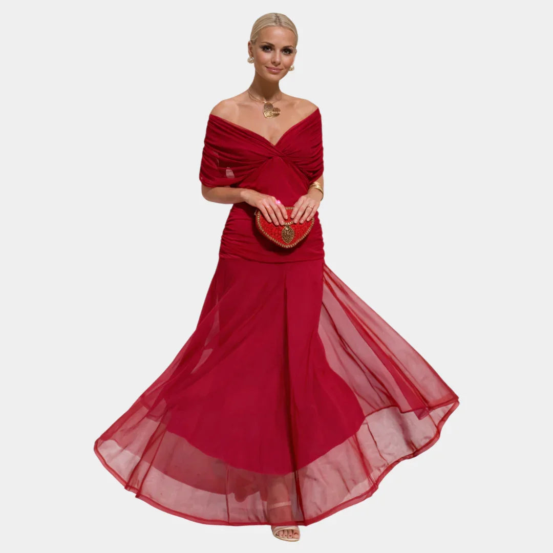 Long red dress with draped V-neck and sheer tulle overlay full skirt
