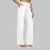 White wide-leg pants with high-rise waistband and side pockets, straight relaxed fit.
