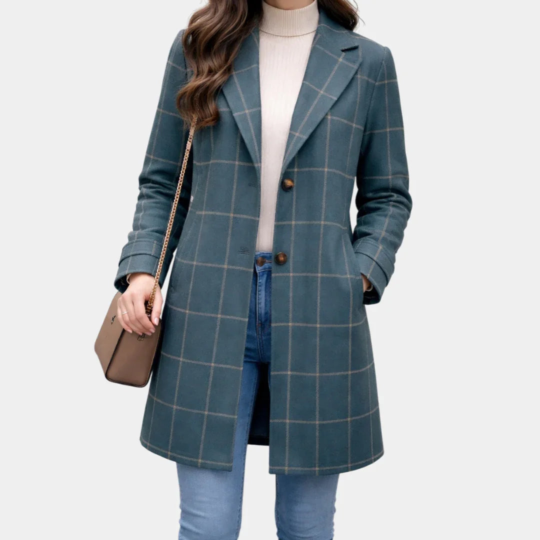 Green windowpane checkered coat with notch lapels, button front, long sleeves, side pockets