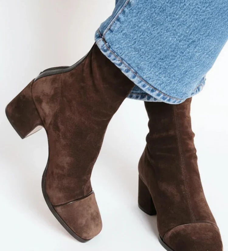 Dark brown suede heeled ankle boots with low stacked heel and side seam detail