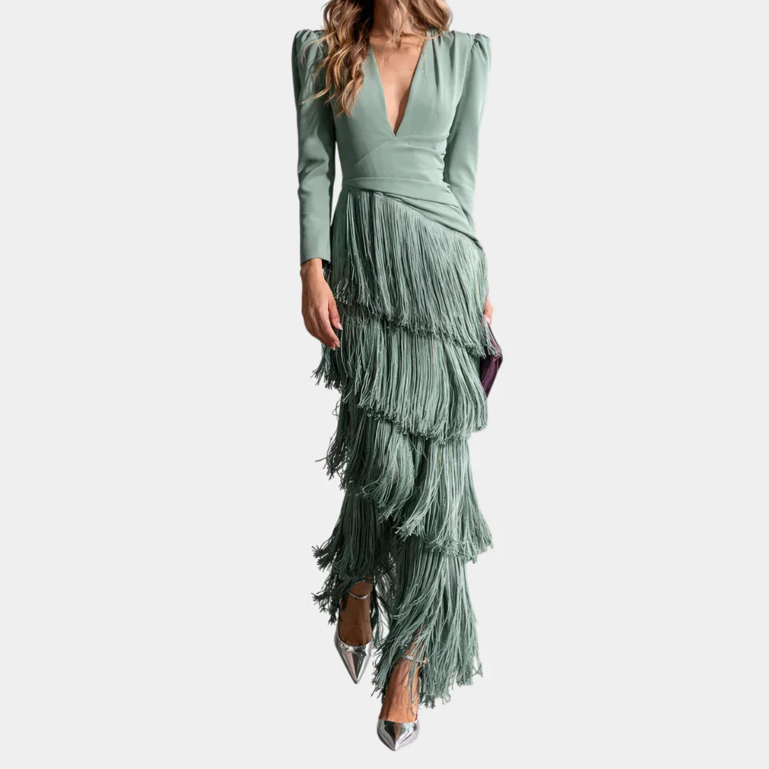 Light green midi dress with V-neck and tiered fringe sleeves
