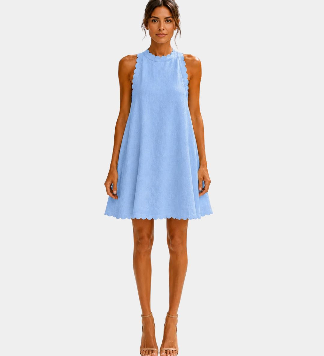 Light blue sleeveless short dress with high neck and scalloped hem