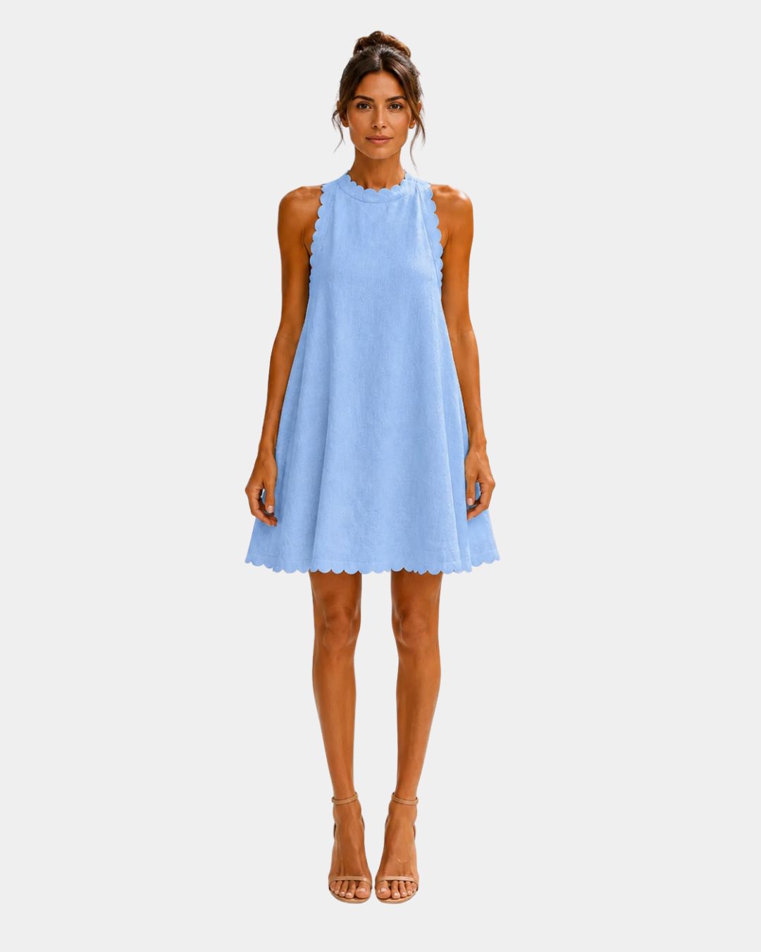Light blue sleeveless short dress with high neck and scalloped hem