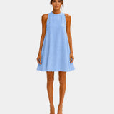 Light blue sleeveless short dress with high neck and scalloped hem