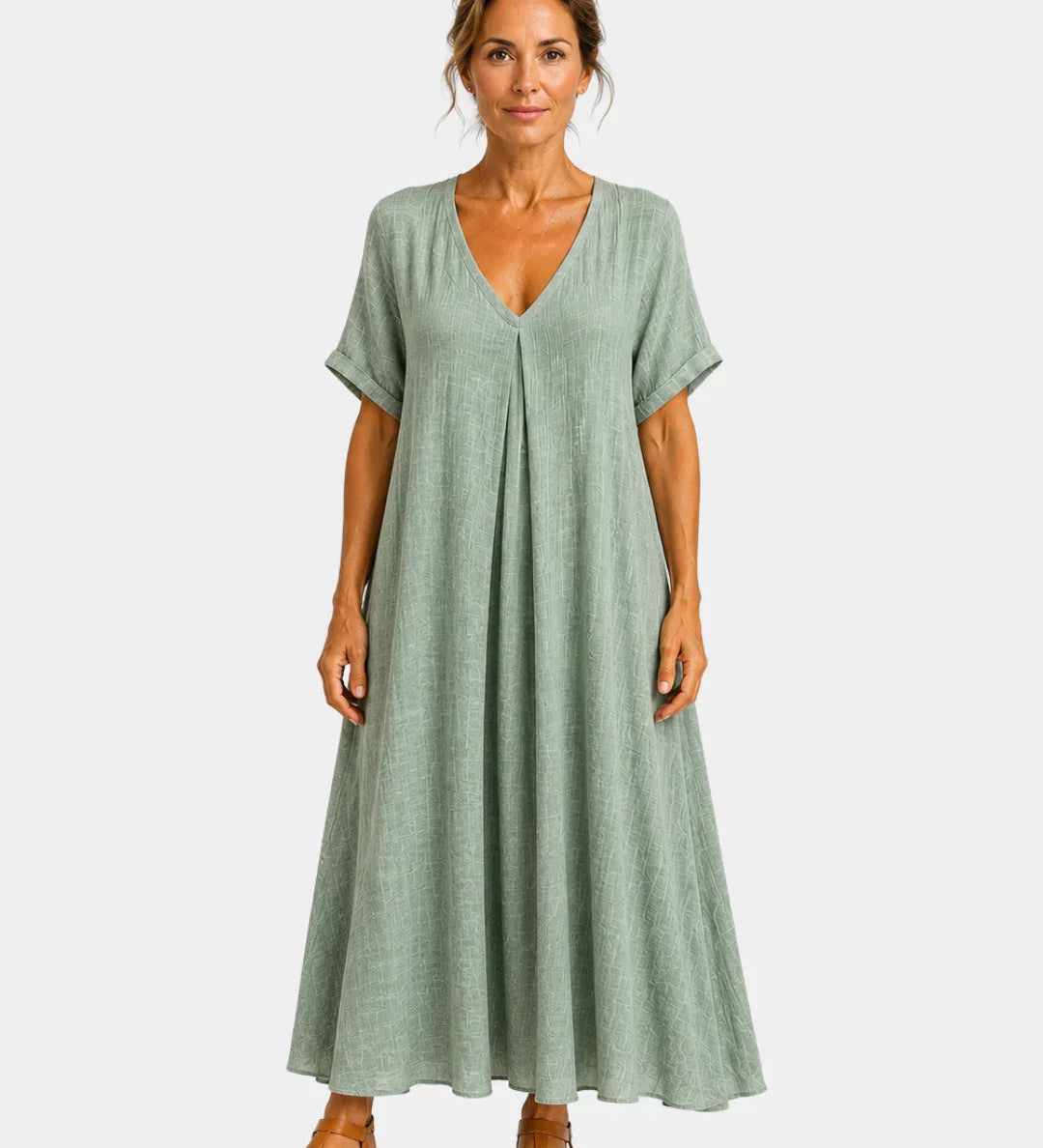 Green lightweight long dress with V-neck, short sleeves and gathered, flared skirt.