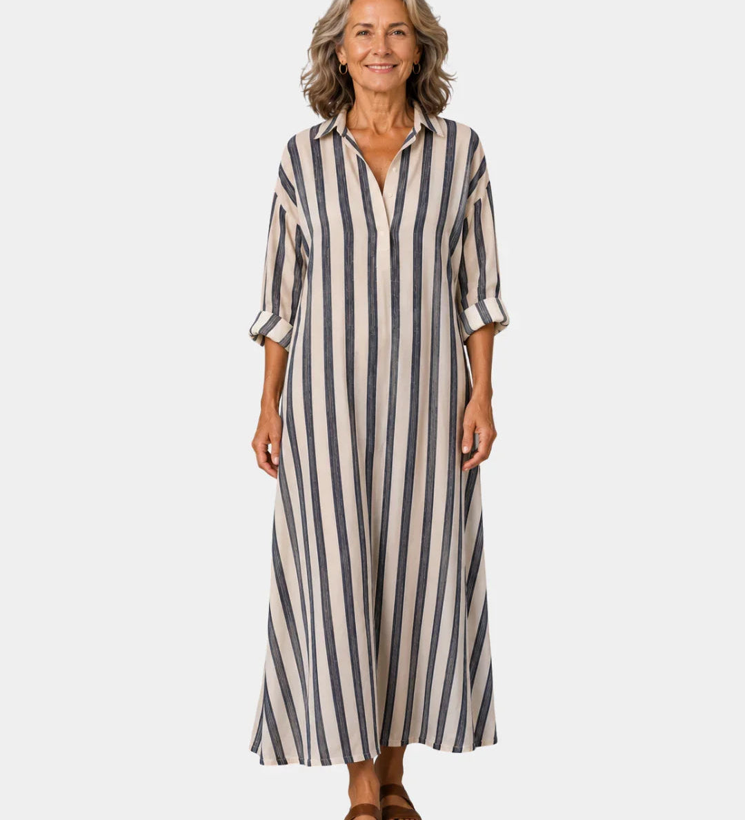 Blue and white vertical striped maxi shirt dress with roll-tab sleeves