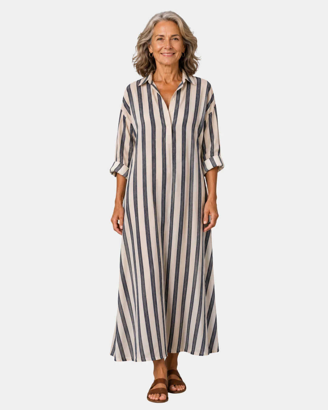 Blue and white vertical striped maxi shirt dress with roll-tab sleeves