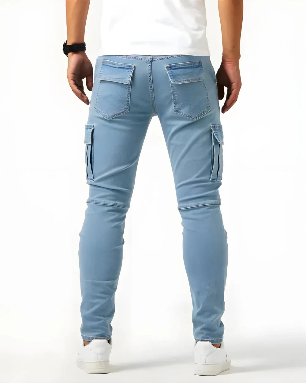 Light blue elastic cargo jeans with back pocket flaps and tapered fit