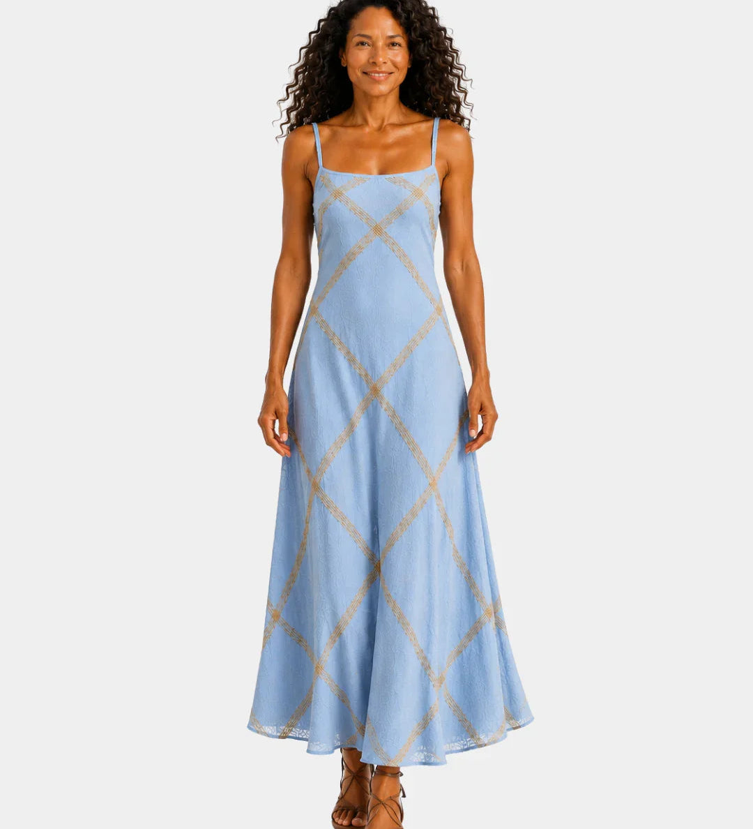 Blue long maxi dress with spaghetti straps and light yellow diamond pattern