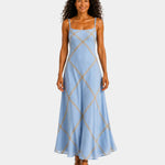 Blue long maxi dress with spaghetti straps and light yellow diamond pattern