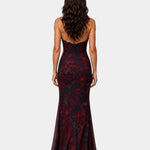 Back view floral maxi dress, sleeveless fitted bodice, V-back, navy with red print