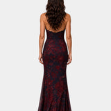 Back view floral maxi dress, sleeveless fitted bodice, V-back, navy with red print