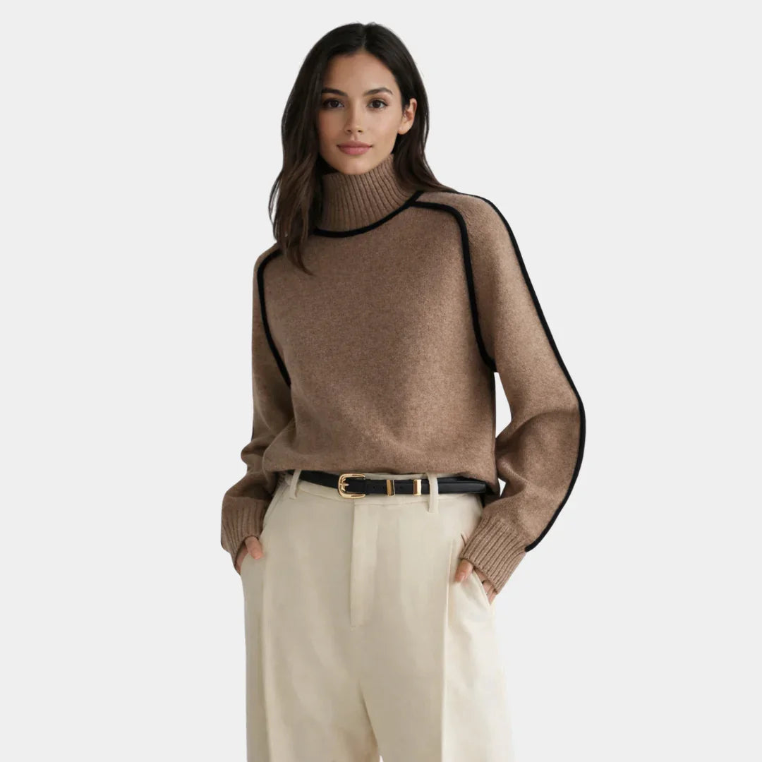 Brown knit turtleneck sweater with long sleeves and ribbed cuffs