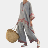 Rossella | Sophisticated Asymmetrical Blouse and Ethnic Wide-Leg Trousers