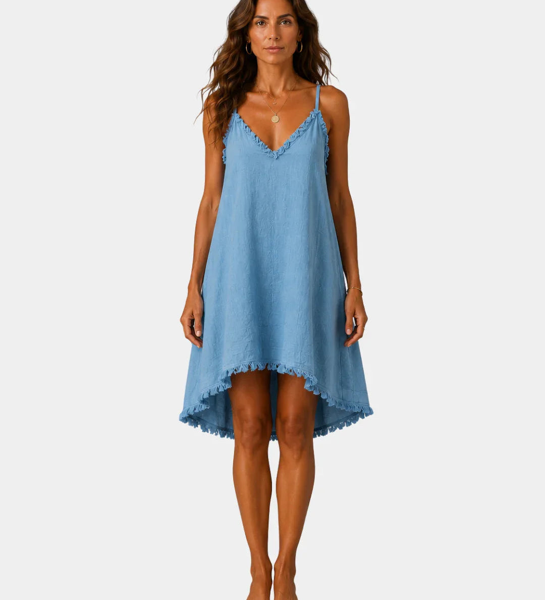Blue short fluid slip dress with lace-trim V neckline and scalloped hem