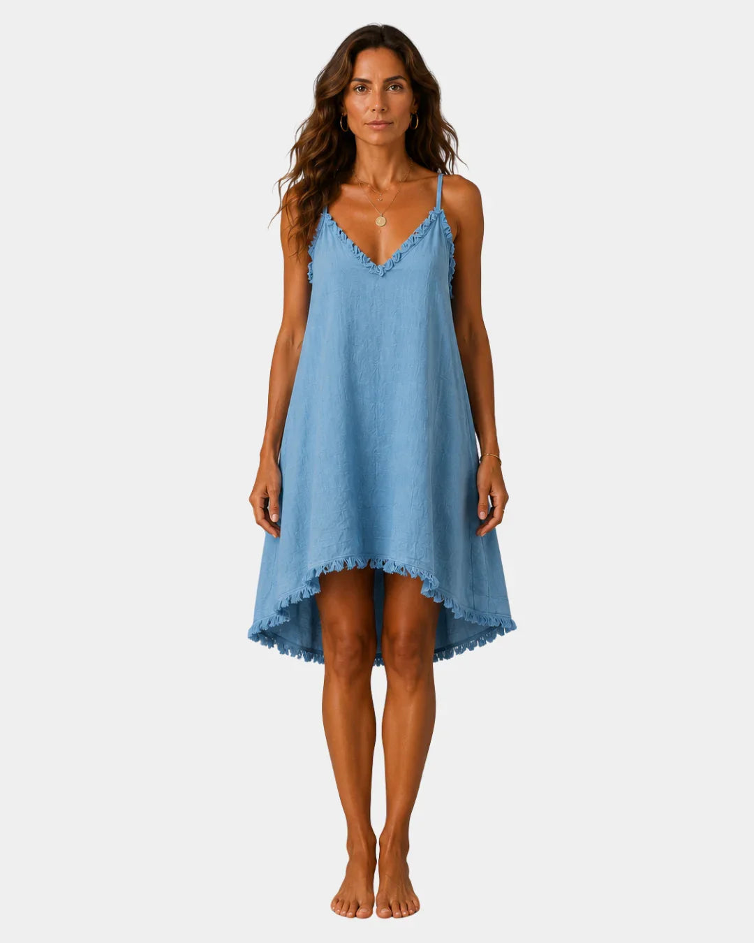 Blue short fluid slip dress with lace-trim V neckline and scalloped hem