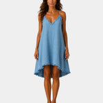 Blue short fluid slip dress with lace-trim V neckline and scalloped hem