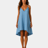 Blue short fluid slip dress with lace-trim V neckline and scalloped hem