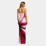 Back view fitted maxi dress with thin straps, abstract pink-red-black swirl print